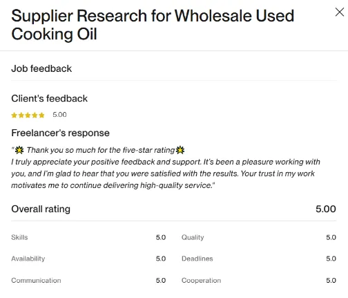 A screenshot of client's feedback.