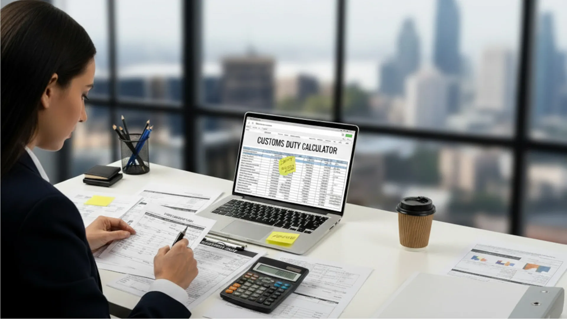 A person sitting at a desk in an office overlooking a city skyline, intently reviewing documents related to customs and international shipping. On the laptop screen, a 'Customs Duty Calculator' is visible, along with a calculator, a folder, and other paperwork spread across the desk.